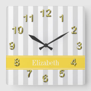Lt Grey White Stripe Pineapple Name Monogram Square Wall Clock