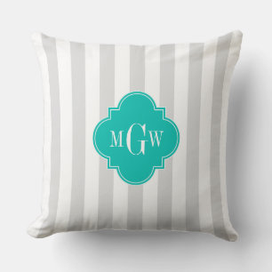 Lt Grey White Stripe Teal Quatrefoil 3 Monogram Cushion