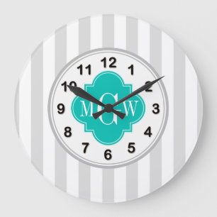 Lt Grey White Stripe Teal Quatrefoil 3 Monogram Large Clock