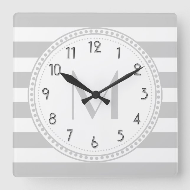 Lt Grey | White Stripes Pattern Monogram Square Wall Clock (Front)