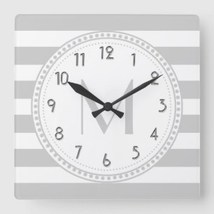 Lt Grey White Stripes Pattern Monogram Square Wall Clock