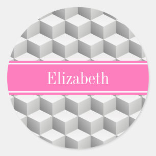 Lt Grey Wht 3D Look Cube HotPink #2 Name Monogram Classic Round Sticker