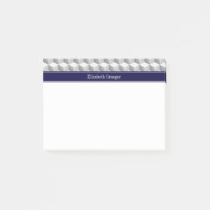 Lt Grey Wht 3D Look Cubes Navy Blue Name Monogram Post-it Notes
