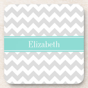 Lt Grey Wht Chevron Aqua Turquoise Name Monogram Coaster