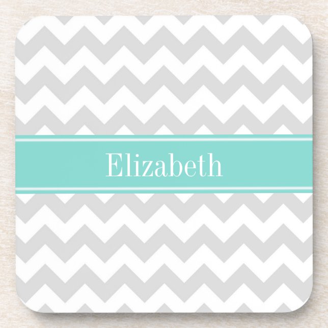 Lt Grey Wht Chevron Aqua Turquoise Name Monogram Coaster (Front)