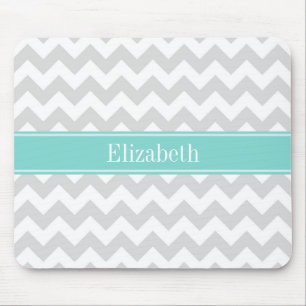 Lt Grey Wht Chevron Aqua Turquoise Name Monogram Mouse Pad