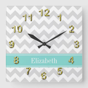 Lt Grey Wht Chevron Aqua Turquoise Name Monogram Square Wall Clock