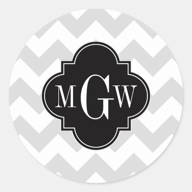Lt Grey Wht Chevron Black Quatrefoil 3 Monogram Classic Round Sticker (Front)