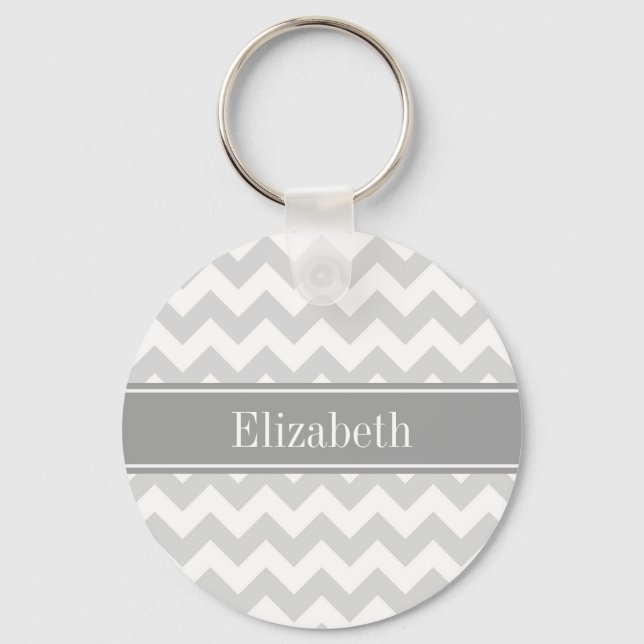 Lt Grey Wht Chevron Grey Name Monogram Key Ring (Front)