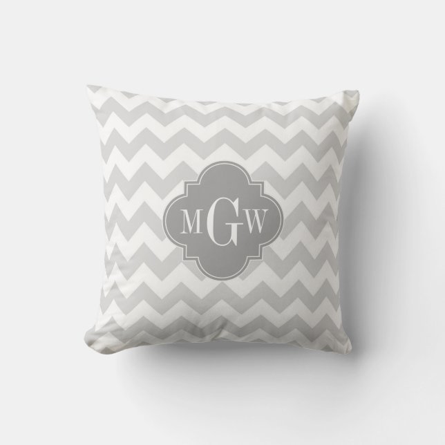 Lt Grey Wht Chevron Grey Quatrefoil 3 Monogram Cushion (Front)
