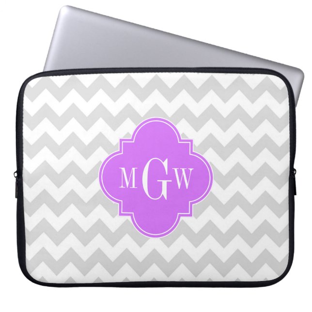 Lt Grey Wht Chevron Lilac Quatrefoil 3 Monogram Laptop Sleeve (Front)