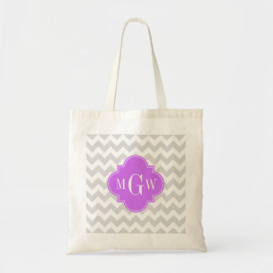 Lt Grey Wht Chevron Lilac Quatrefoil 3 Monogram Tote Bag