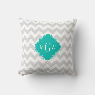 Lt Grey Wht Chevron Teal Quatrefoil 3 Monogram Cushion