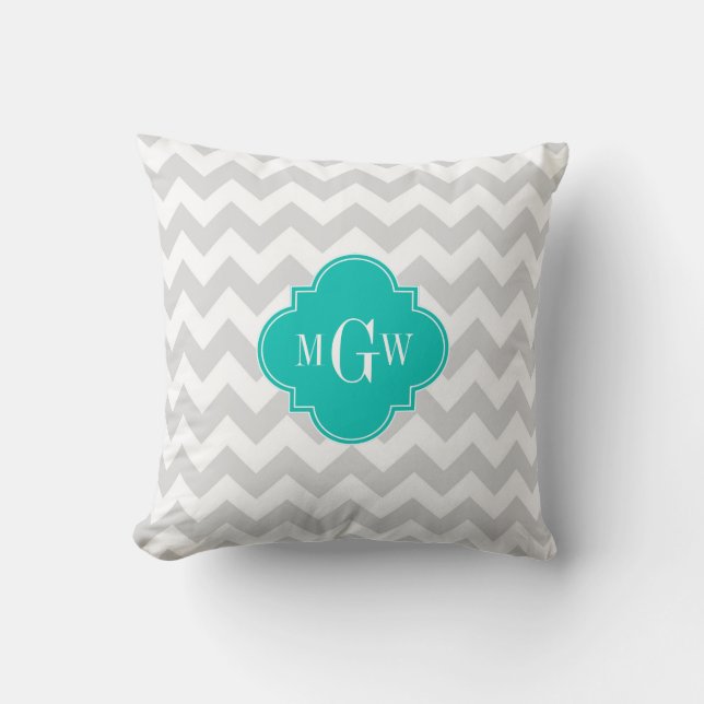 Lt Grey Wht Chevron Teal Quatrefoil 3 Monogram Cushion (Front)