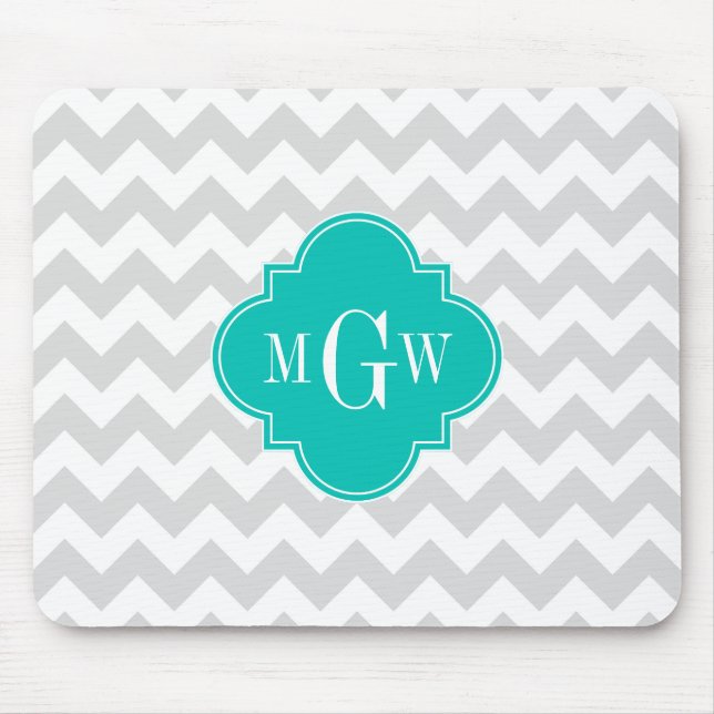 Lt Grey Wht Chevron Teal Quatrefoil 3 Monogram Mouse Pad (Front)