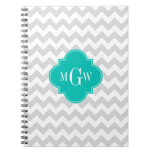 Lt Grey Wht Chevron Teal Quatrefoil 3 Monogram Notebook