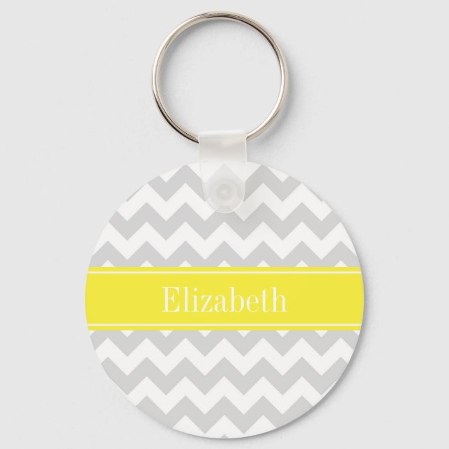 Lt Grey Wht Chevron Yellow Name Monogram Key Ring (Front)