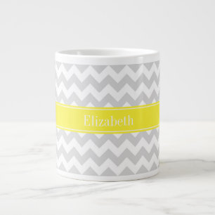 Lt Grey Wht Chevron Yellow Name Monogram Large Coffee Mug
