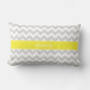 Lt Grey Wht Chevron Yellow Name Monogram Lumbar Cushion