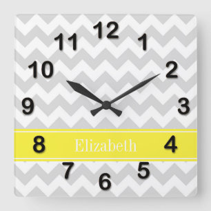 Lt Grey Wht Chevron Yellow Name Monogram Square Wall Clock