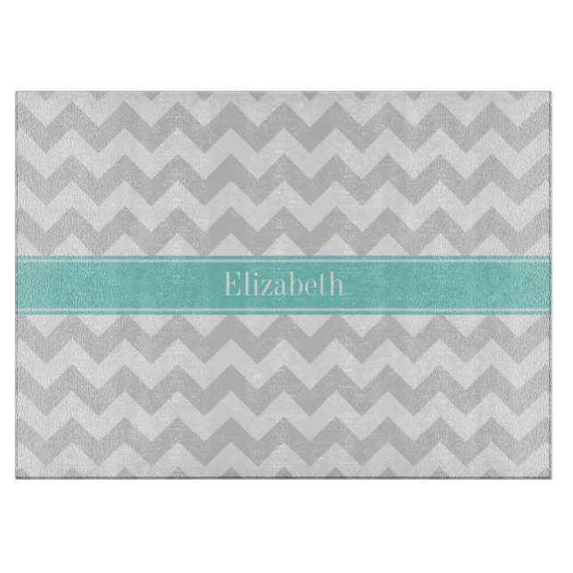 Lt Grey Wht Chevron ZigZag Aqua Name Monogram Cutting Board (Front)