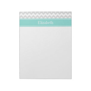 Lt Grey Wht Chevron ZigZag Aqua Name Monogram Notepad