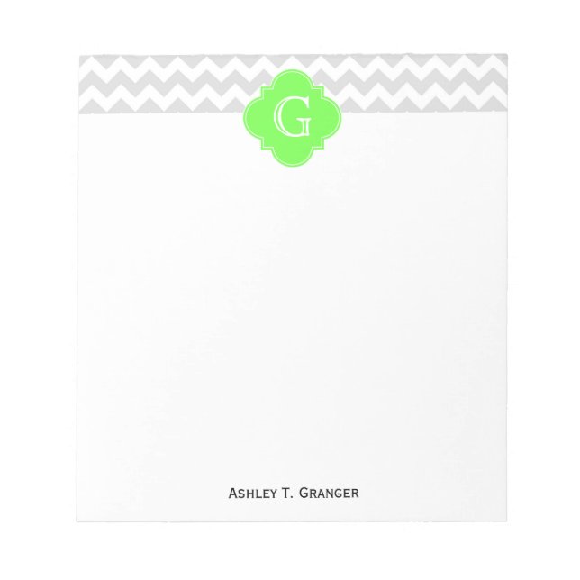 Lt Grey Wht Chevron ZigZag Lime Quatrefoil Monogra Notepad (Front)