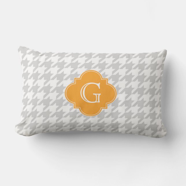 Lt Grey Wht Houndstooth Cantaloupe Monogram Label Lumbar Cushion (Front)