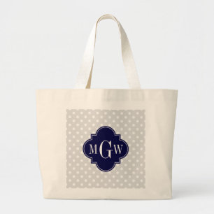 Lt Grey Wht Polka Dots Navy Quatrefoil 3 Monogram Large Tote Bag