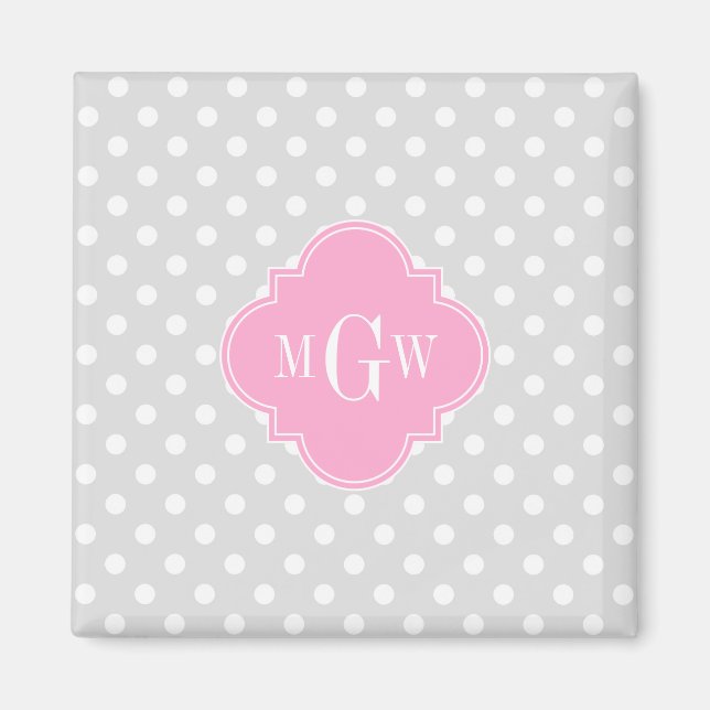 Lt Grey Wht Polka Dots Pink Quatrefoil 3 Monogram Magnet (Front)