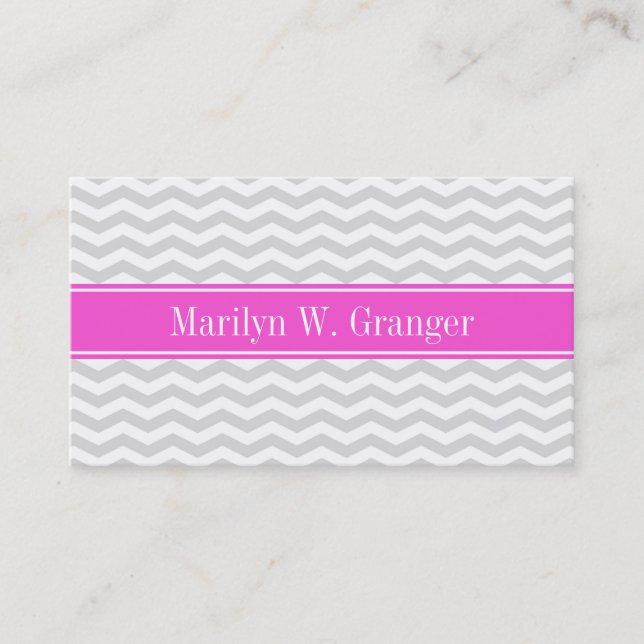 Lt Grey Wht Thin Chevron Hot Pink Name Monogram Business Card (Front)