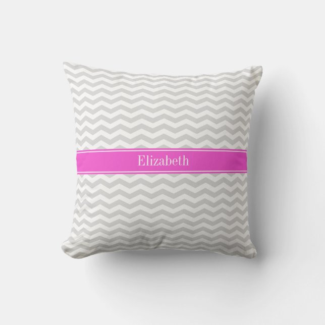 Lt Grey Wht Thin Chevron Hot Pink Name Monogram Cushion (Front)