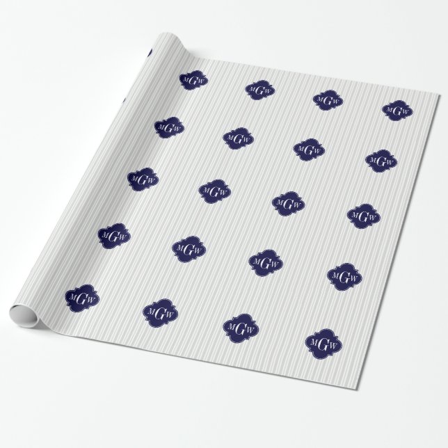 Lt Grey Wht UE Stripe Navy Quatrefoil 3 Monogram Wrapping Paper (Unrolled)