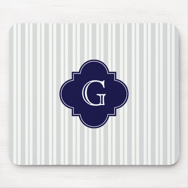 Lt Grey Wht Uneven Stripe Navy Quatrefoil Monogram Mouse Pad (Front)