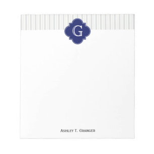 Lt Grey Wht Uneven Stripe Navy Quatrefoil Monogram Notepad