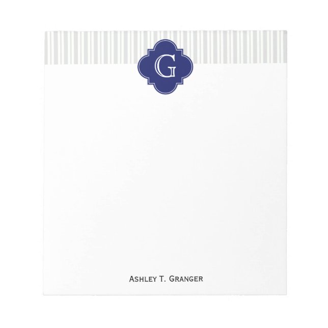 Lt Grey Wht Uneven Stripe Navy Quatrefoil Monogram Notepad (Front)
