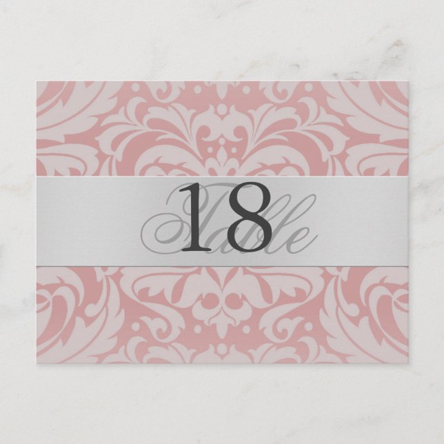 Lt Pink Damask Silver Metal Table Number PostCard (Front)