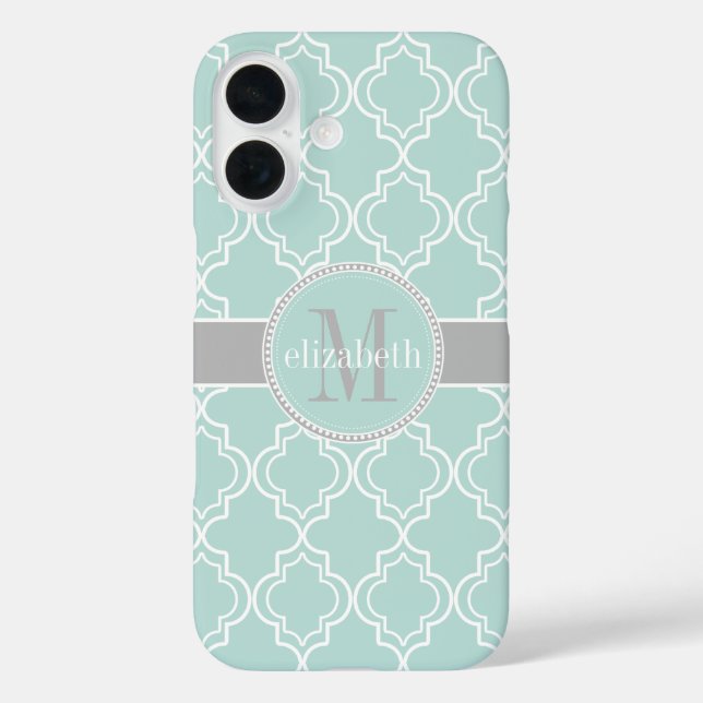 Lt Teal Grey White Moroccan Quatrefoil Monogram Case-Mate iPhone Case (Back)