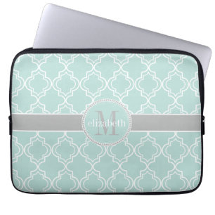 Lt Teal Grey White Moroccan Quatrefoil Monogram Laptop Sleeve