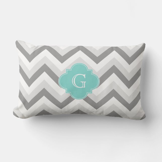Lt Two Grey White Chevron Aqua Monogram Lumbar Cushion (Front)