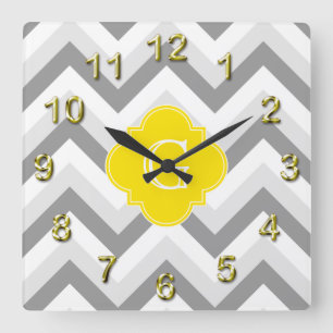 Lt Two Grey White Chevron Yellow Monogram Square Wall Clock
