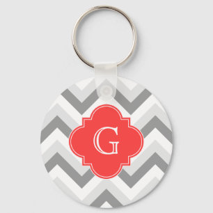 Lt Two Grey Wht Chevron SQ Coral Red Name Monogram Key Ring
