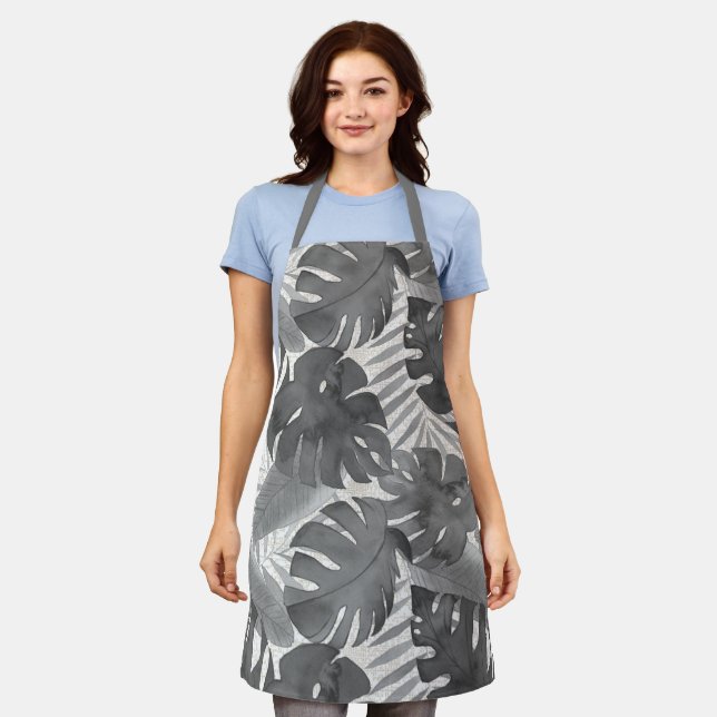 Luana Watercolor Tropical Grey Leaves Apron (Worn)