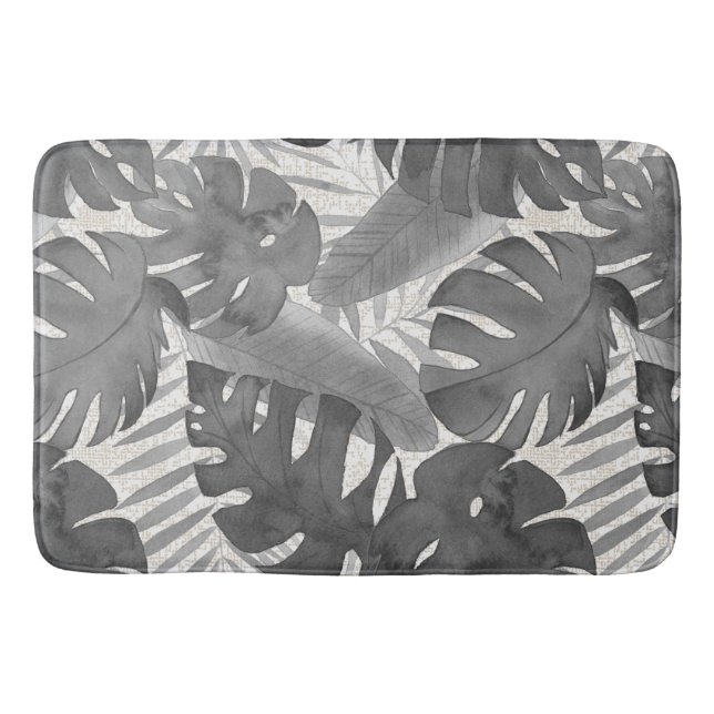Luana Watercolor Tropical Grey Leaves Bath Mat (Front)