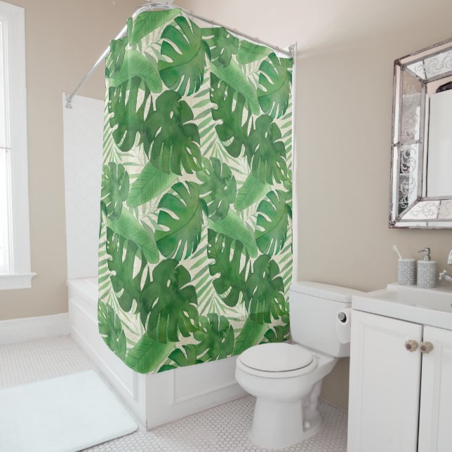 Luana Watercolor Tropical Vivid Green Leaves Shower Curtain (In Situ)