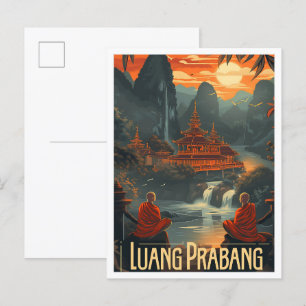 Luang Prabang Laos Vintage Art Travel Illustration Postcard