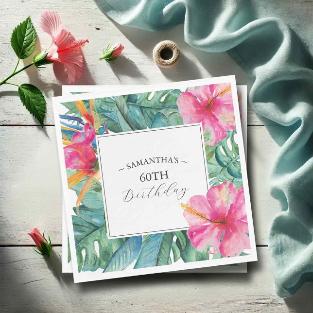 Luau 60th Birthday Theme  Napkin (luau birthday theme napkins with tropical flowers and palm leaves)