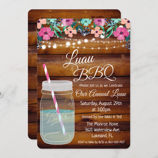 Luau Aloha BBQ Mason Jar Invitation (Front/Back)