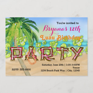 Luau Beach PARTY Typography Birthday Invitation