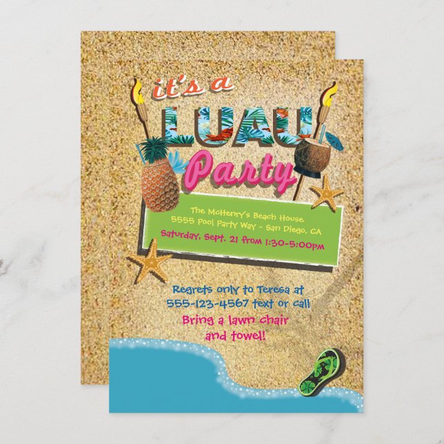 Luau Beach Tiki Tropical Party Invitations (Front/Back)